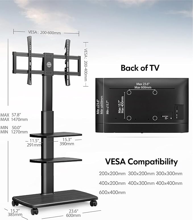 FITUEYES Swivel Rolling TV Stand, Height Adjustable Mobile TV Cart for 32-65 70 Inch TVs, Corner Floor TV Stand for Bedroom, Living Room, Home Office, Kitchen, Black