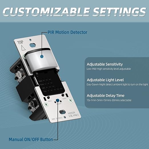 ECOELER Single Pole Occupancy Motion Sensor Switch, PIR Infrared Motion Activated Switch with Sensitivity & Delay Adjustable, Neutral Wire Required, for Kitchen, Garage, Stairwell, Black, 2 Pack