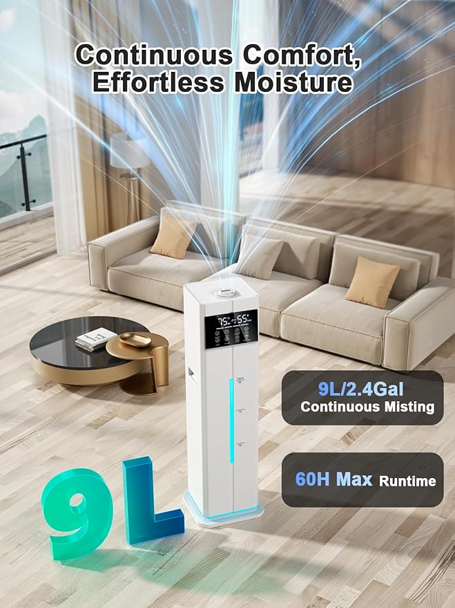 Zeova 9L/2.4Gal Smart Cool Mist Humidifier, Top Fill Quiet Humidifier Large Room, Covers 550ft², App & Remote Control, 60H Runtime, 7 Colors Light, 4 Mist Modes Humidifiers for Bedroom, Office, White