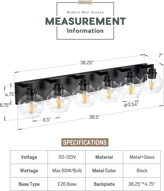 METWET Bathroom Light Fixtures, 6 Light Matte Black Vanity Light, 38 Inch Modern Wall Sconces with Globe Clear Glass Shade, Vanity Lighting Fixtures Over Mirror, VL195-MB-6