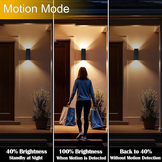 WISELUME Motion Sensor Outdoor Wall Lights, Dusk to Dawn Porch & Patio Sconce with E26 Dimmable LED Bulbs, Black Aluminum Up & Down Exterior Light Fixtures for Garage, Front Door, ETL Listed