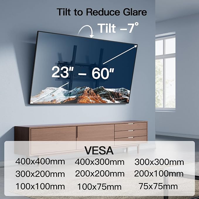 PERLESMITH Tilting TV Wall Mount Bracket Low Profile for Most 23-60 inch LED LCD OLED, Plasma Flat Screen TVs with VESA 400x400mm Weight up to 115lbs, Fits 16" Wood Stud