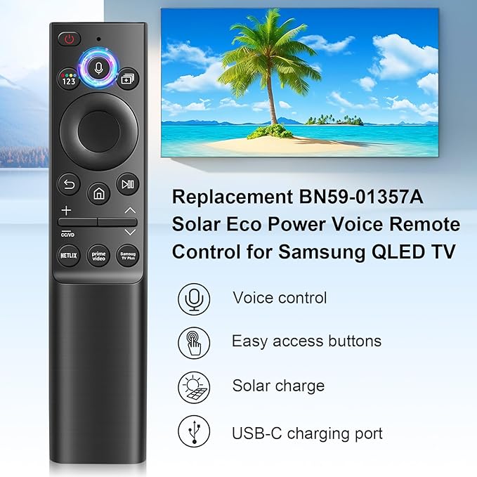 BN59-01357A Solar Voice Remote for Samsung TVs - Compatible with Frame/Neo QLED 4K/8K UHD Smart TVs (VG-TM2180ES/ZA), 3 App Shortcuts & Solar Charging