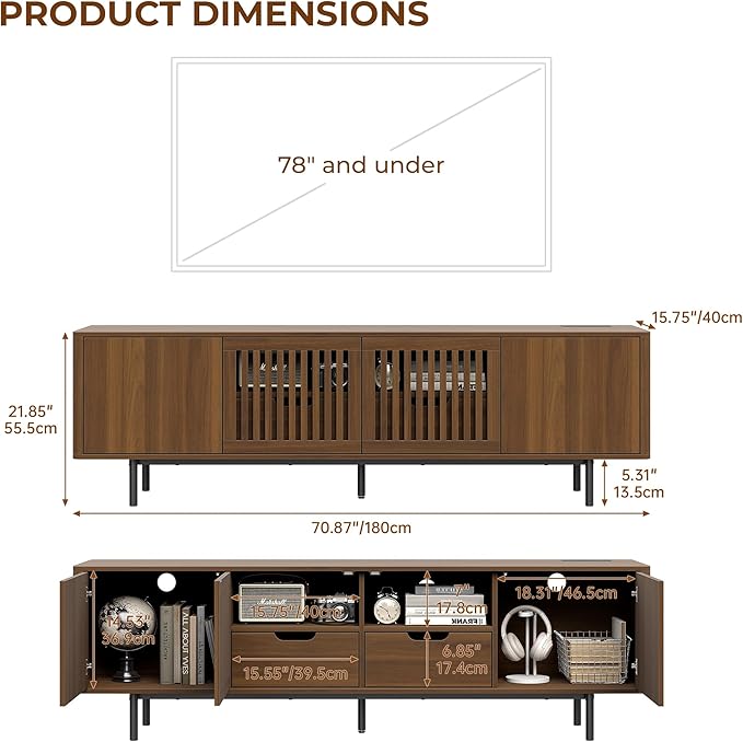 WODNITURE 71inch TV Stand with Storage & 2 Drawers, Mid-Century Modern TV Stand for Tvs Up to 88", Wood Entertainment Center with Charging Station for Living Room, Bedroom