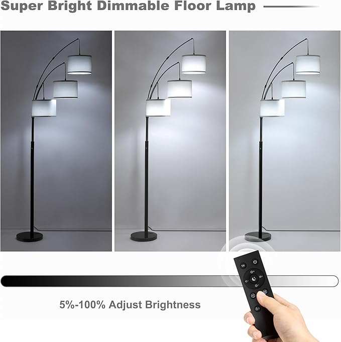 Fansdrick Floor lamp with Remote, 3 Light Arc Floor Lamps for Living Room, 2400LM Tall Standing Floor Lamps with Gray Shades, 80" Large Floor Lamp for Bedroom, Office
