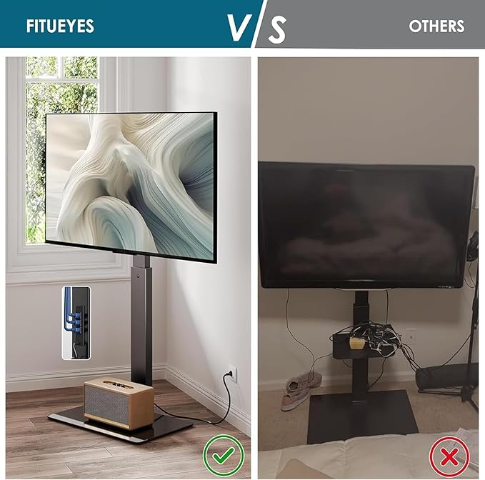 FITUEYES Floor TV Stand for 32-75 inch TV with Power Outlet, Tall TV Stand for Bedroom Living Room with Tempered Glass Base, Floor TV Mount Holds Up to 88lbs MAX VESA 600x400mm,Black