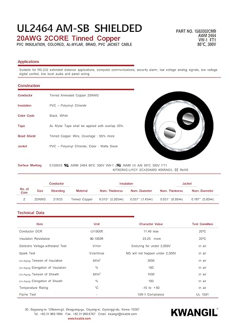 KWANGIL 2C 20AWG AMSB Shielded Cable Wire (UL2464) - Highly Flexible Str TC, PVC Ins, OS+TC BRD, PVC JKT for CNC Machine, Stepper Motor, VFD Spindle (Matte Black 100FT)
