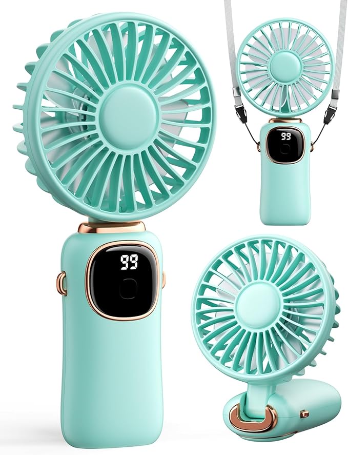coldSky Portable Handheld Fan, 4000mAh Battery Operated Fan with LED Display, Handheld/Neck/Desk 3 in 1 Personal Small Fans, 90° Foldable Desk Fan with Base, 5 Speed Makeup Lash Fan for Women Green