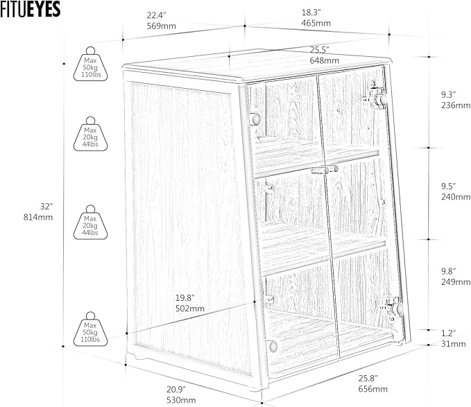 FITUEYES Design 4-Tier Media Stand with Brown Glass Doors Audio Rack with Adjustable Shelves Stereo Cabinet Protection Equipment for Vinyl Record Player Stereo Receivers Audio Gear, Eiffel Series