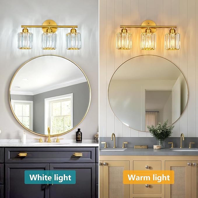 FDPBY Modern 3 Light Crystal Vanity Light, Brushed Gold Vertical Bathroom Light Fixture Over Mirror for Dressing Table Sink, Compatible with Dimmable Bulbs (Bulbs Not Included)