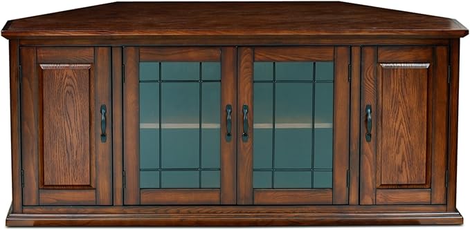 Leick Home Riley Corner TV Stand 60 in, Burnished Oak, Solid Wood, Beveled Tempered Glass, Blackened Hardware, Adjustable Shelf, Easy Assembly, 56 in L x 20 in W x 25 in H, Item 80386