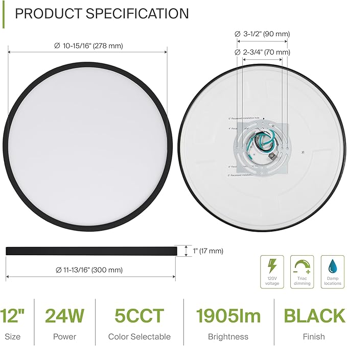 ASD LED 12" Round Flush Mount Ceiling Light Fixture, Low Profile Surface Lighting | 5CCT, Dimmable, Ultra-Thin, ETL Listed | 24W 1900LM 2700-6000K 120V | Kitchen, Bedroom, Hallway Lamp | Black