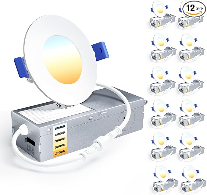 Ensenior 12 Pack 3 Inch LED Recessed Ceiling Light, Dimmable, 2700K-5000K 5CCT, 500LM 6W 120V, High Brightness Canless Wafer Downlight - ETL&FCC&IC