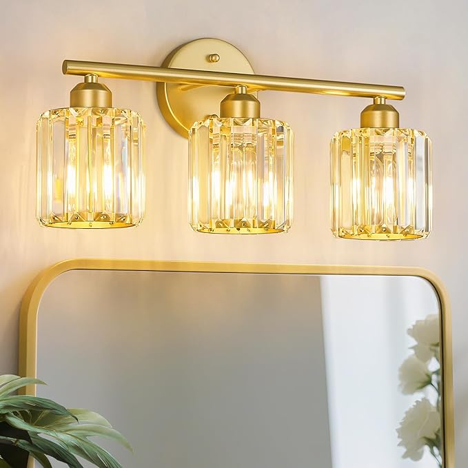FDPBY Modern 3 Light Crystal Vanity Light, Gold Vertical Bathroom Light Fixture Over Mirror for Dressing Table Sink, Compatible with Dimmable Bulbs (Bulbs Not Included)