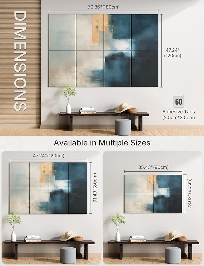 Wall Art Acoustic Panels,70''×47''Sound Absorbing Panels-8-Pack with 60 Adhesive Tabs, Decorative Sound Absorbing Panels for Living Room and Recording Studio, Offices-Azure Horizon