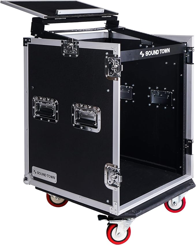 Sound Town Heavy-Duty 1/2" (12mm) Plywood 14U PA DJ Rack/Road ATA Case with 11U Slant Mixer Top, 20’’ Rackable Depth, DJ Work Table and Casters, 14 Space Size, Pro Tour Grade (STMR-14UWT)