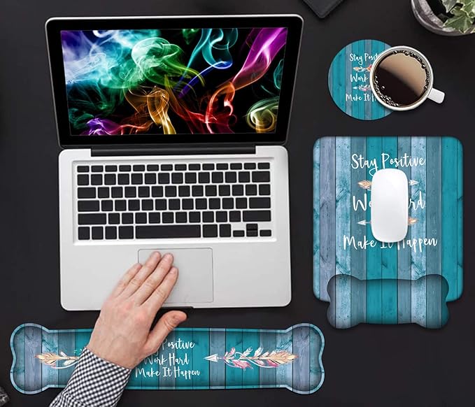 Keyboard Wrist Rest and Mouse Pad Wrist Support Set, Inspirational Quote Stay Positive Work Hard and Make It Happen Non-Slip Rubber PU Base for Home Office Working Studying Easy Typing & Pain Relief
