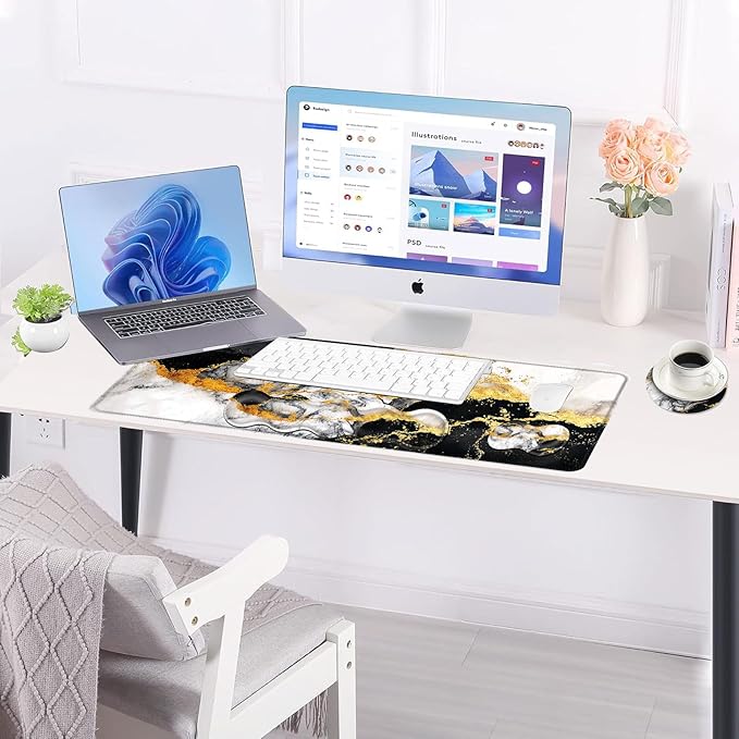 BFUKVOU Large Keyboard Mouse Pad Set, Extended Mouse Pad+Keyboard Wrist Rest Support, Memory Foam Ergonomic Easy Typing, 4Pcs (31.5×11.8 in) Desk Pad Set for Office Home,Black and White Gold Marble