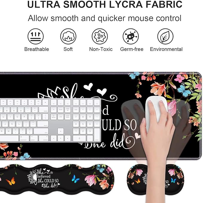 Ergonomic Keyboard Wrist Rest & Mouse Pad Wrist Rest Set, Large Gaming Desk Mat 31.5"x 11.8" with Memory Foam, Easy Typing Pain Relief for Home & Office, Floral Quote She Believed She Could So She Did