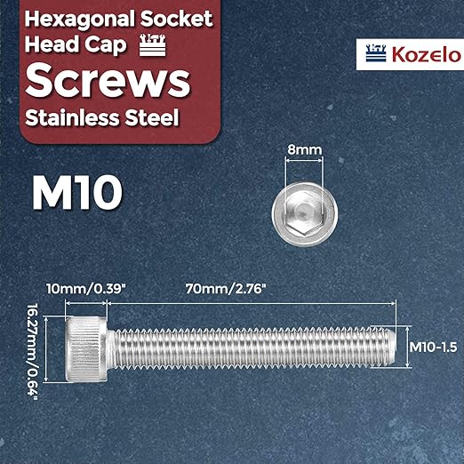 Kozelo 2pcs Socket Head Cap Screws - [M10-1.5 x 70mm] 304 Stainless Steel Allen Socket Drive for Electrical Motor 3D Printing Fan Engine Replacement Use, Silver
