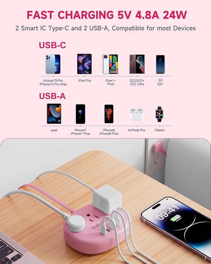 Pink Extension Cord - 10 FT Flat Extension Cord, 1625W Cute Extension Cord with 3 AC Outlet 4 USB (24W/4.8A), Compact for Cute Pink Kawaii Desk Home Essentials