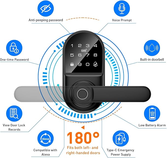 Smart keypad Door Lock with Handle，Fingerprint Keyless Entry Digital Lock with Built-in doorbell for Front Door,Bedroom,biometric Door knob,with Gateway Remote APP Control