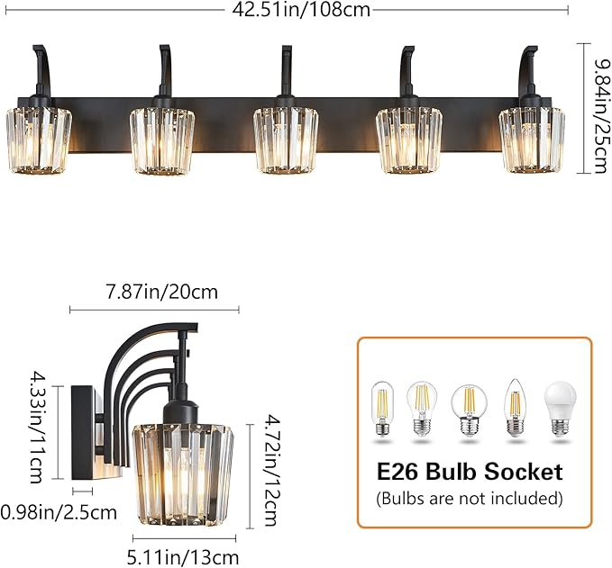 FDPBY Modern Bathroom Vanity Light, 5-Light Black Wall Sconce with Crystal Accents, Over Mirror Bathroom Lighting Fixture, 42.51" Long Dimmable Vanity Lamp for Makeup, Easy Installation