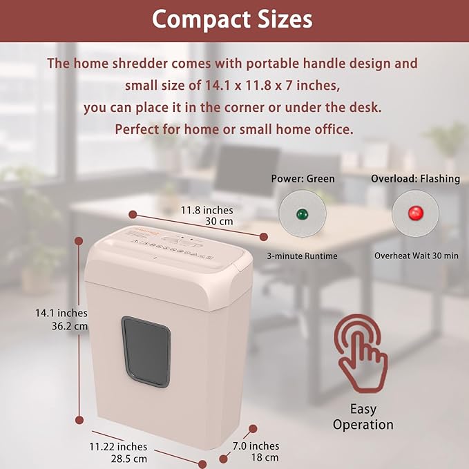 Bonsaii Compact Design for Business Paper Shredder, 6-Sheet Cross-Cut, Credit Card Shredder, Home Office, Handle for Document, Mail, Staple, 3.4 Gal Wastebasket, Pink