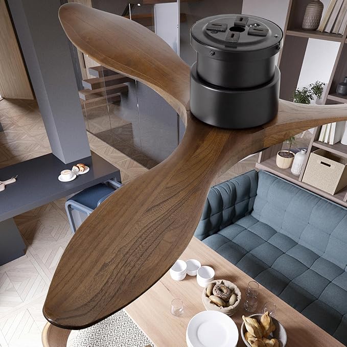 revoici 52'' Ceiling Fan with Lights and Remote, 3 Blade Amber Wood Low Profile Flush Mount Ceiling Fan Indoor, Reversible 6 Speeds Dimmable LED Light Fan for Bedroom Living Room Farmhouse