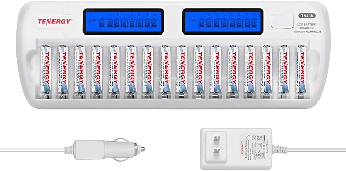 Tenergy TN438 16-Slot Smart Battery Charger for AA/AAA NiMH/NiCd LCD Display + 16 Premium AAA Rechargeable Batteries