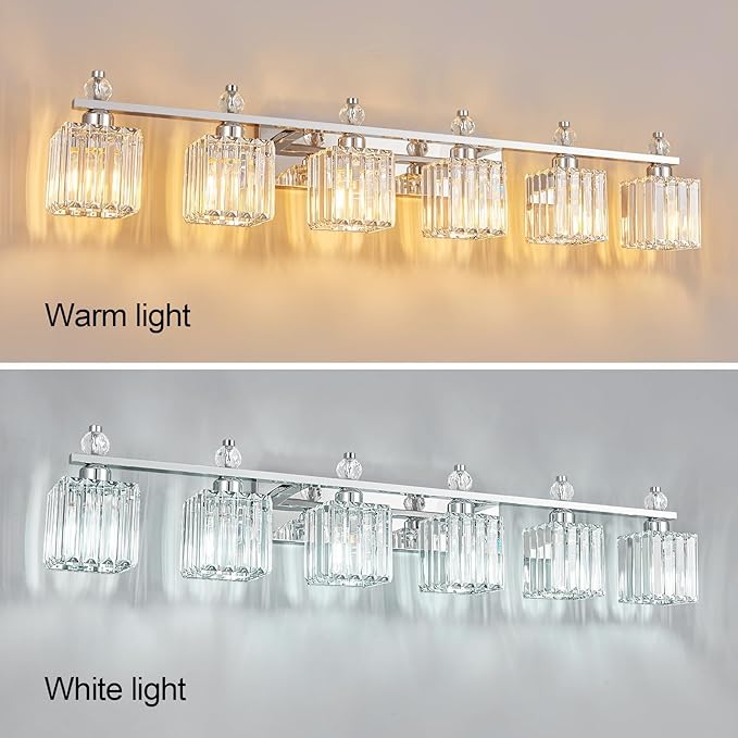 FDPBY Vanity Lights 6-Light Modern Crystal Vanity Light Chrome Bathroom Light Fixtures Over Mirror Crystal Bathroom Vanity Lighting Fixtures
