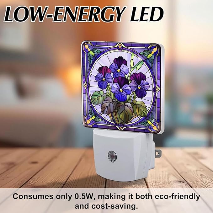 PODMemory Violet Stained Glass Night Lights Plug into Wall for Room, Violet Night Light LED for Bedroom