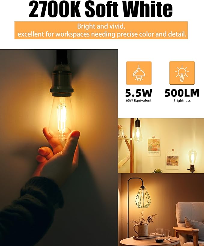 Lumiverse Dimmable Edison Bulbs 60 Watt LED, 2700K Soft White, Antique Style ST58 LED Filament Bulbs, E26 Base LED Bulb 5.5W, Clear Glass, Pack of 60