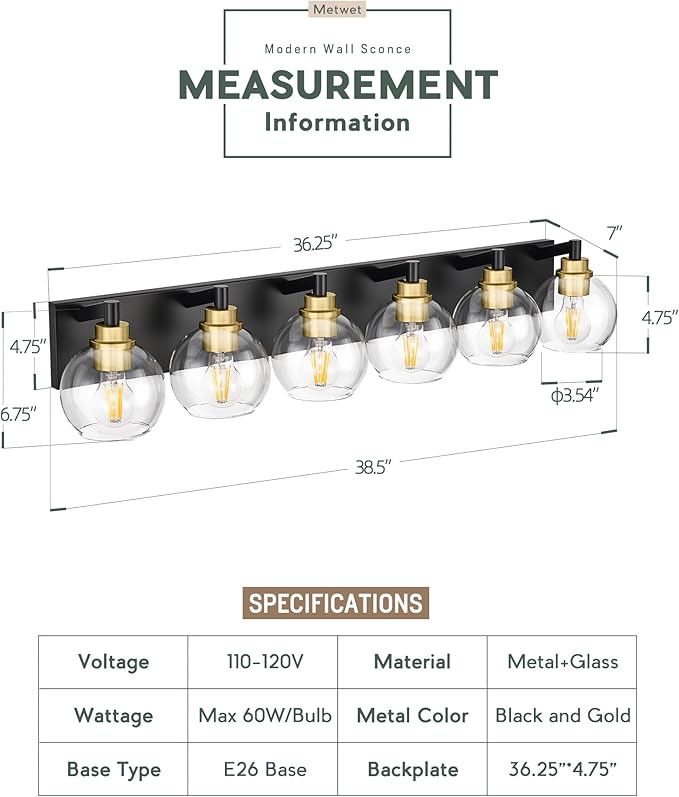 METWET Bathroom Light Fixtures, 6-Light Black and Gold Bathroom Vanity Light, 38 Inch Modern Wall Sconces with Globe Clear Glass Shade, Vanity Lighting Fixtures Over Mirror, VL195-KG-6