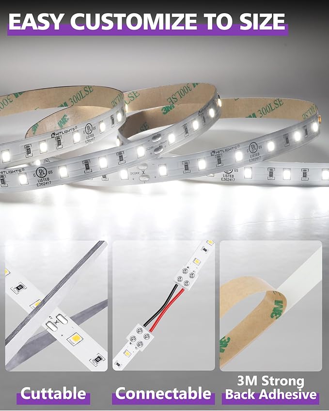 HitLights White LED Strip Lights 5000K 24V, 26.2ft Cuttable Tape Backed 3oz PCB, UL Listed, 1325 Lumen/m, CRI>95, IP20, Lighting for Living Room, Kitchen, Under Cabinets (Power Source Not Included)