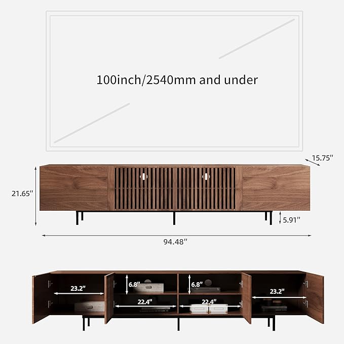 NessCarsti Mid-Century Modern TV Stand & Expandable Coffee Table Set, Walnut Finish, Stylish Storage Combo for Living Room or Bedroom (94.48“TV Stand+Coffee Table)