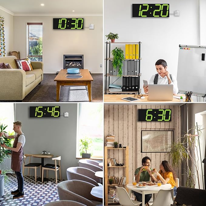 CHKOSDA LED Large Digital Wall Clock, Oversize Digital Clock with 6” Numbers, Remote Control Count up/Countdown Timer Clock, Auto Dimmer, Big Calendar and Thermometer（Yellow