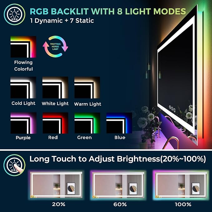 YEELAIT 66x40 Inch RGB LED Bathroom Mirror Front Light and RGB Backlit Lighted Vanity Mirror for Bathroom Wall Mounted Dimmable Anti Fog Memory Shatter-Proof IP54 Waterproof Horizontal/Vertical