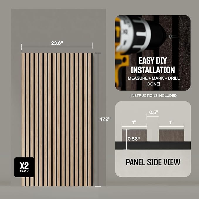 2-Pack Wood Panels for Wall - Acoustic Wood Slat Wall Panels, Soundproof Wooden Paneling for Interior Decor