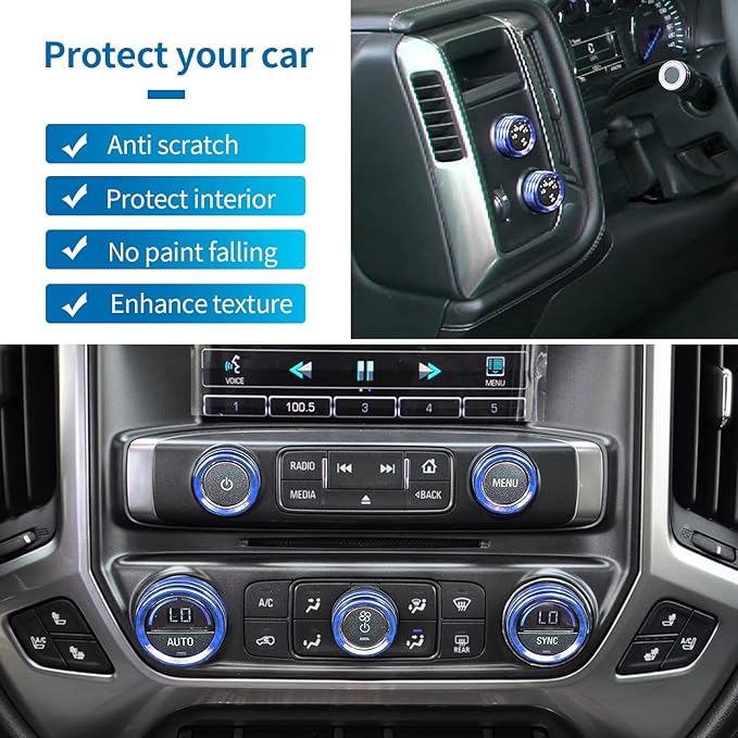 Kujunpao Radio Fan Climate Auto Menu Knob Control Button Trim Center Console Knob Cover Decor Fit for 2014-2018 Chevy Silverado & GMC Sierra Accessories 8pcs(Blue)
