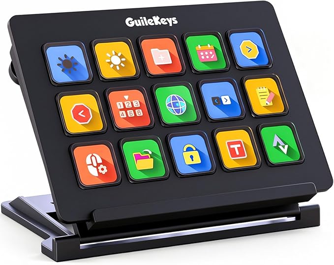 GuileKeys Stream Controller, Stream Deck with 15 Macro Keys Customizable, Gaming Macro Keypad with Trigger Actions in OBS/Twitch/YouTube/Streamlabs/Discord/Zoom, Compatible with Mac/PC, Foldable Stand