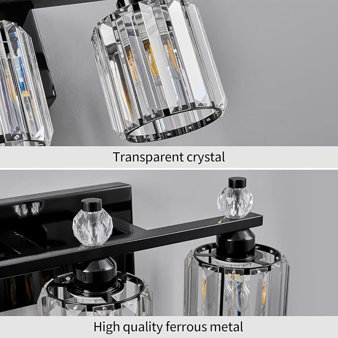 FDPBY Bathroom Vanity Lights 3-Light Plating Black Modern Crystal Vanity Light Fixtures Over Mirror Crystal Bathroom Vanity Lighting Fixtures