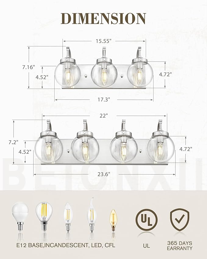 Beionxii Brushed Nickel Bathroom Light Fixtures, 3-Light Bathroom Vanity Light Over Mirror, Modern Vanity Lighting Fixtures with Clear Glass Shade for LivingRoom Hallway, BX-VL03BN-3CG