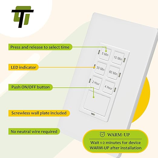 TG 4-Hour No Neutral Countdown Timer Switch, 5-10-30-60 Min, 2-4 Hour, for Bathroom Fans, Lights, 120VAC, Ground Wire Required, UL Listed, TS-C4HG, Screwless Wall Plate, White