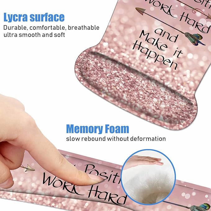 Mouse Pad Wrist Support and Keyboard Wrist Rest Set with Coasters, Inspirational Quote Stay Positive Work Hard and Make It Happen Wrist Mouse Pad with Non-Slip PU Base for Home Office Working Studying