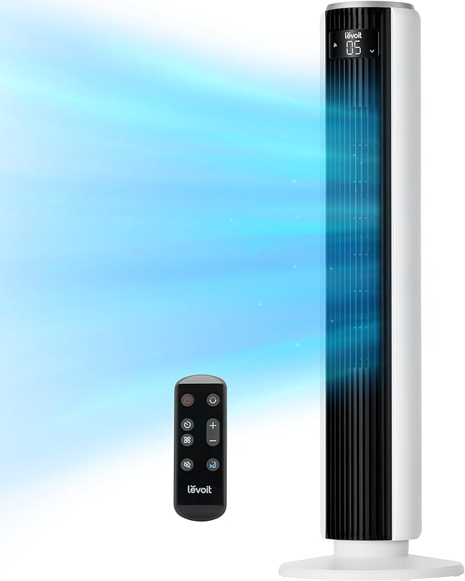 LEVOIT Tower Fan for Bedroom, 25ft/s Velocity Standing Fan with 28dB Quiet for Sleep, Remoter, 12H Timer, 5 Speeds, 4 Modes, 90° Oscillation for Home, Office, Indoor, Bladeless 36 inch, White