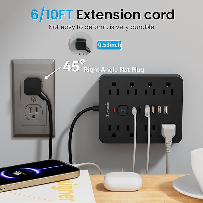 Bawmwim Surge Protector Power Strip, 8 Outlets(1250W/10A), 6 USB Charging Ports(2 USB C), 10FT Flat Plug Extension Cord Outlet Extender with Overload Protection, ETL Certified for Office, Dorm Room