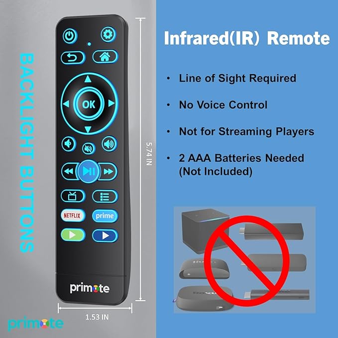 Primote Remote w/Backlit for Fire& Roku Smart-TVs, Including Insignia-Toshiba-TCL-Hisense-ONN-Sharp-Pioneer-Element-Westinghouse Fire/Roku TV (Not for Stick or Box