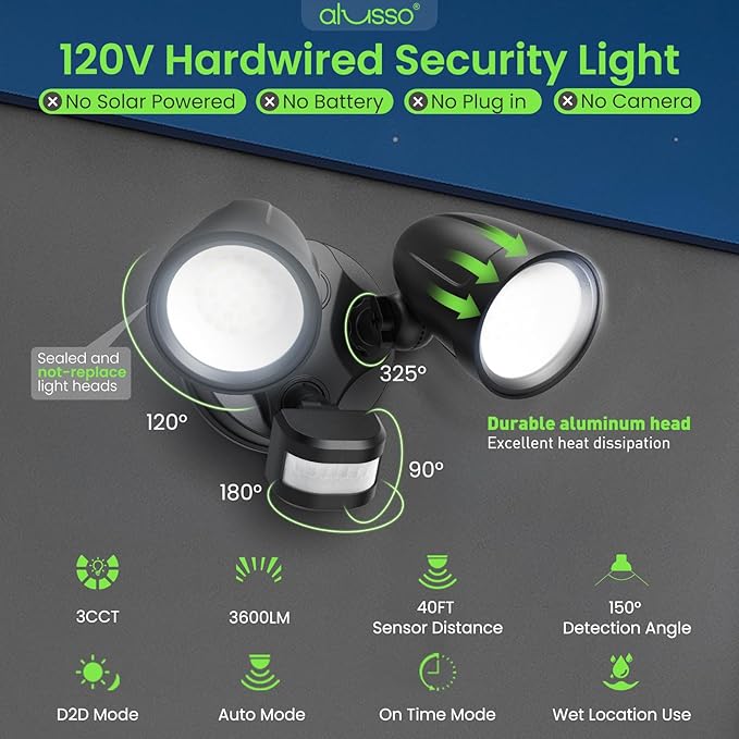 ALUSSO Motion Sensor Outdoor Lights Metal Heads, 30W Flood Lights Outdoor 3600LM, 3 Modes Dusk to Dawn/Auto/On Time, 3000K 4000K 6500K Adjustable, Hardwired Security Light ETL Listed, Black 1PC