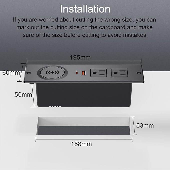 Recessed Power Strip with 15W Wireless Charger, Haiaoyyds Flush Mount Power Strip with 2 Outlets, 2 USB, and 6.56FT Flat Plug Cable, Furniture Recessed Outlet for Drawer, End Table, Sofa, Cabinet